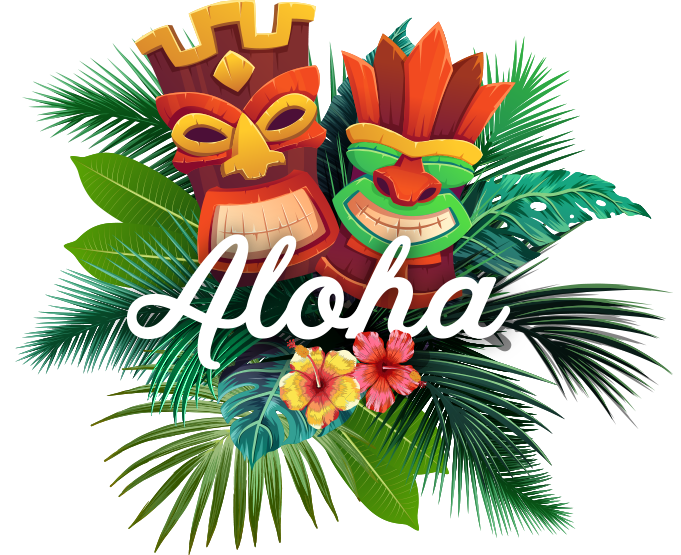 two tiki heads and the word aloha