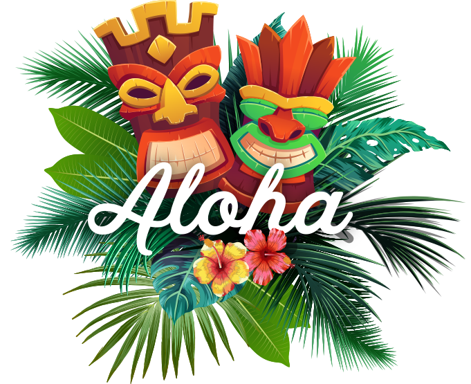 Two tiki heads and the word "Aloha," representing the approach to B2B creative agency services