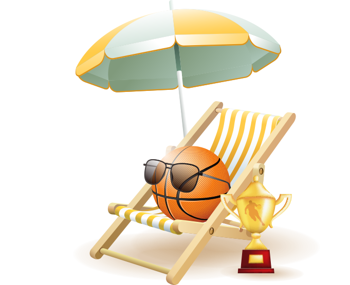 A basketball sitting in a lawn chair with an umbrella