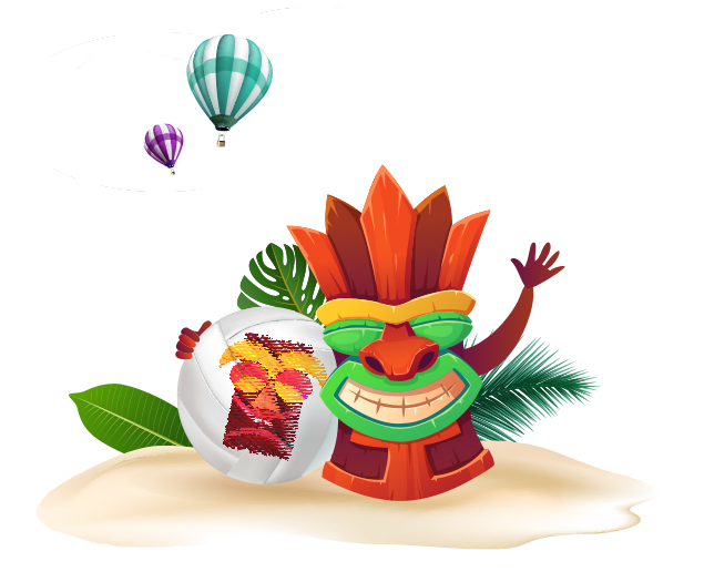 Waving tiki with a volleyball that has a face, showcasing the people-first approach to B2B digital marketing services