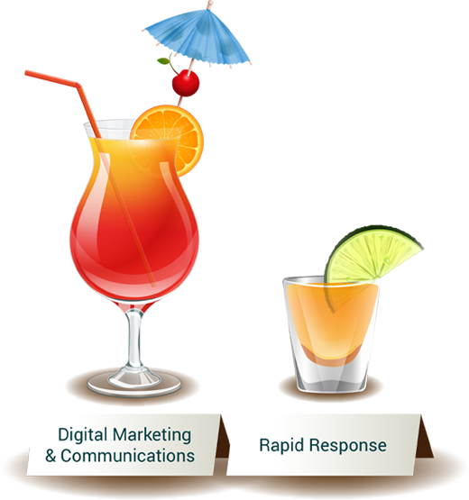 Two cocktails labeled "Digital Marketing + Communications" and "Rapid Response," conveying B2B creative agency expertise, speed