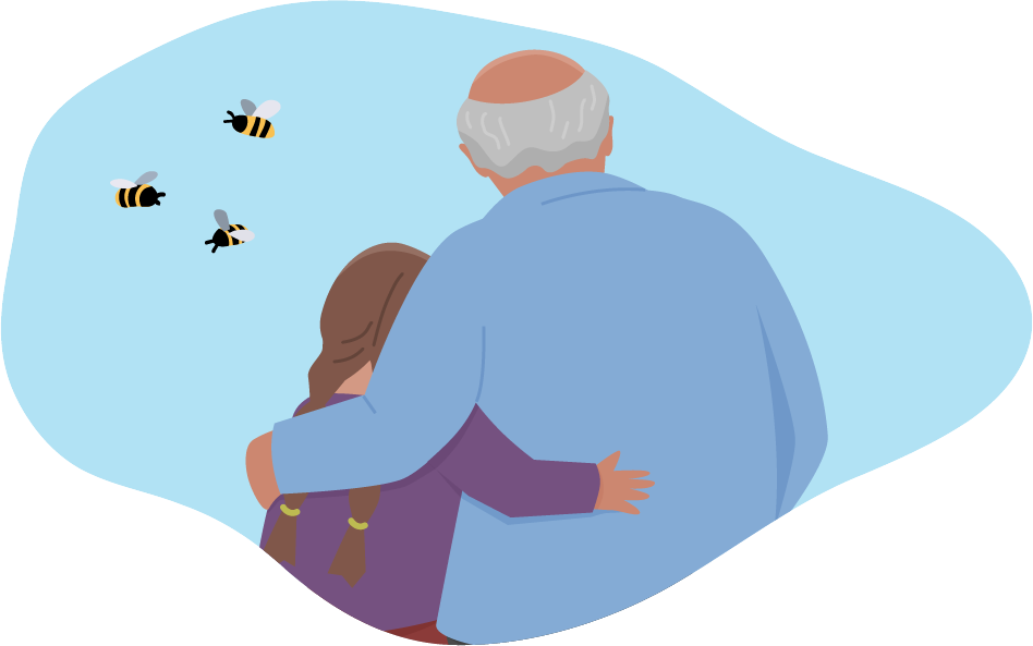 Grandpa and granddaughter facing the distance, with nice bees around them.