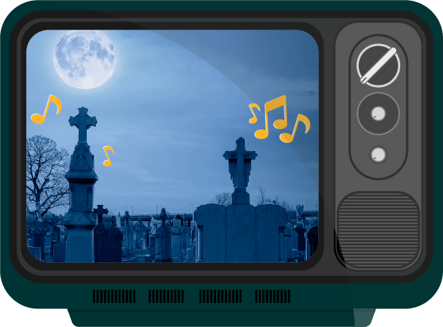 vintage tv with graveyard and musical notes