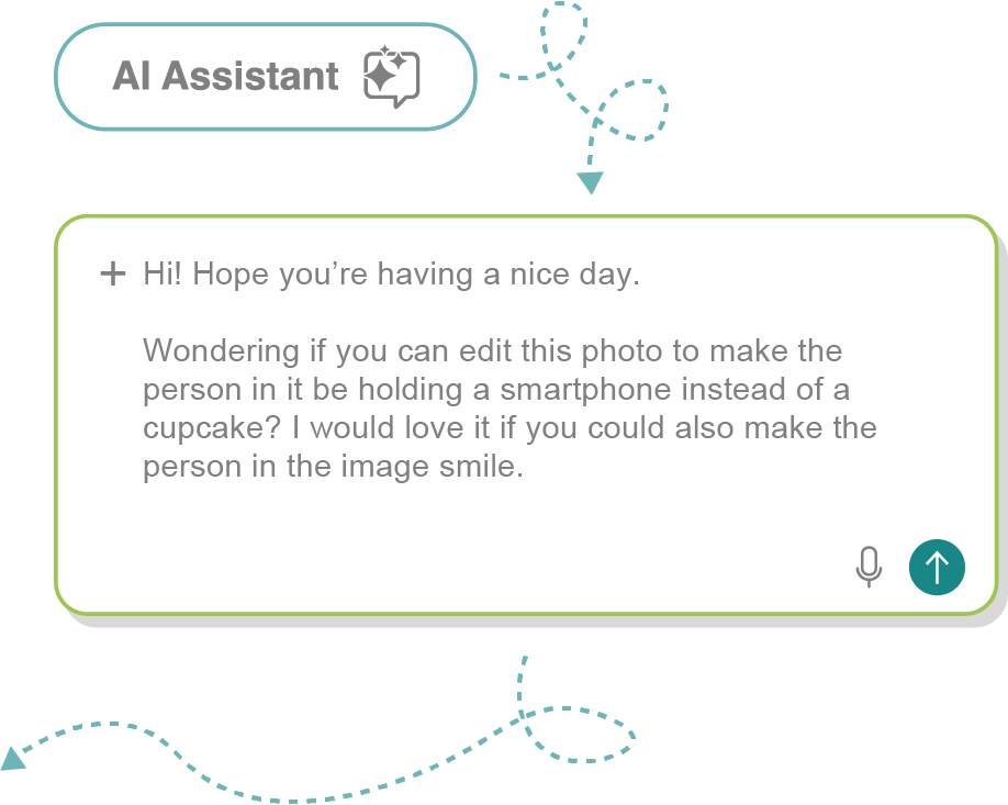 Hi! Hope you’re having a nice day.Wondering if you can edit this photo to make the person in it be holding a smartphone instead of a cupcake? I would love it if you could also make the person in the image smile.