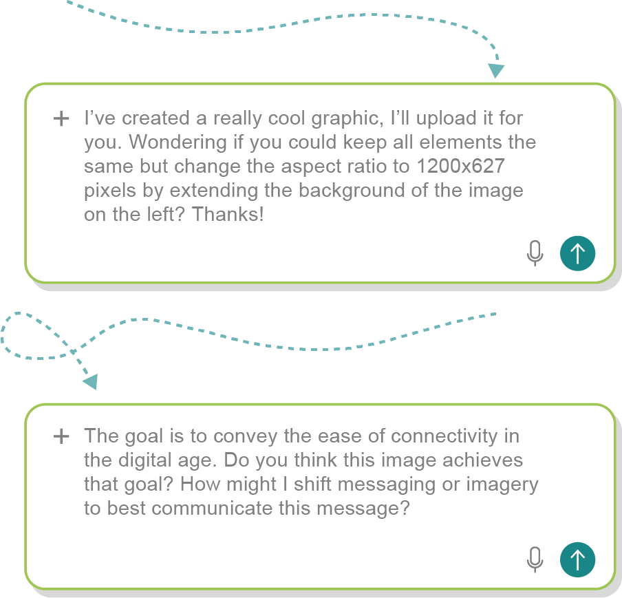 I’ve created a really cool graphic, I’ll upload it for you. Wondering if you could keep all elements the same but change the aspect ratio to 1200x627 pixels by extending the background of the image on the left? Thanks! and The goal is to convey the ease of connectivity in the digital age. Do you think this image achieves that goal? How might I shift messaging or imagery to best communicate this message?