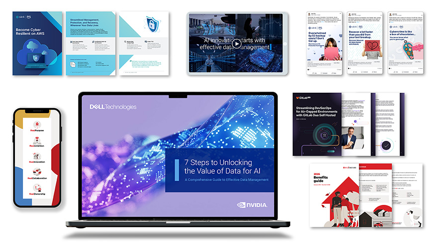 Collage of B2B marketing tech agency event collateral snap shots, in person, virtual, tech tradeshow