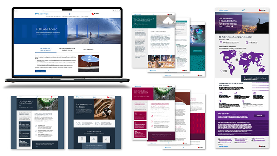 Collage of B2B creative + B2B digital marketing services collateral; execution by B2B creative agency; banners, presentations, infographic