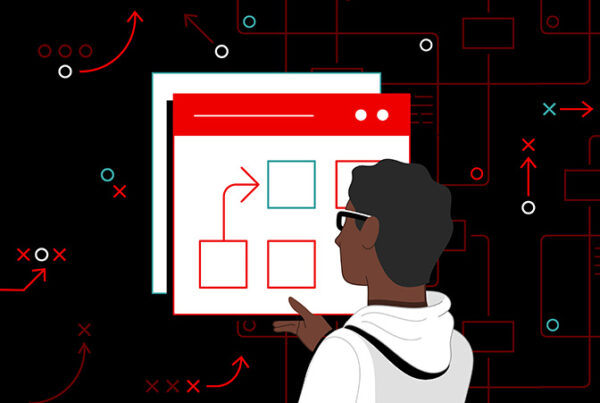 Red Hat | Partner Practice Accelerators Playbook case study thumbnail, an illustration of a man looking at a workflow diagram