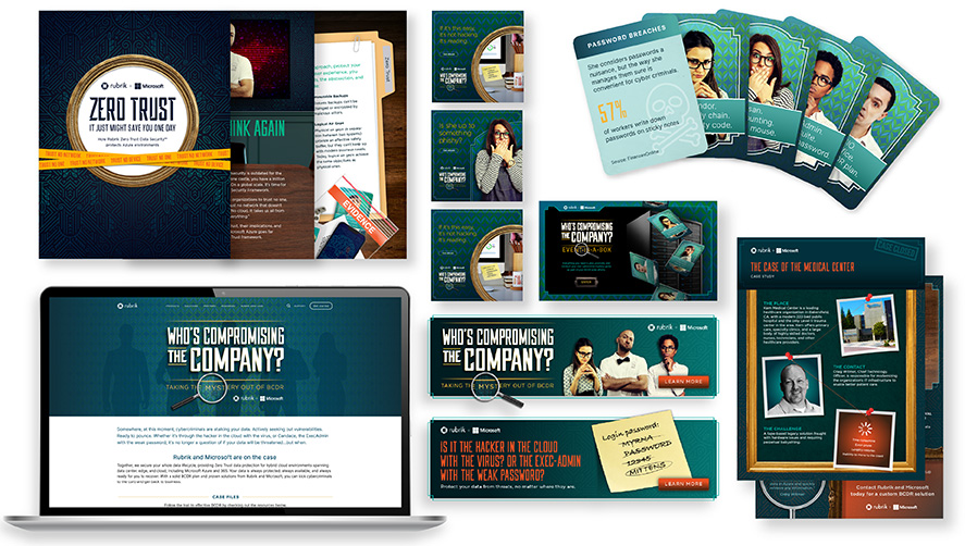 Collage of mystery themed creative; B2B marketing campaign, landing page, social media, field event