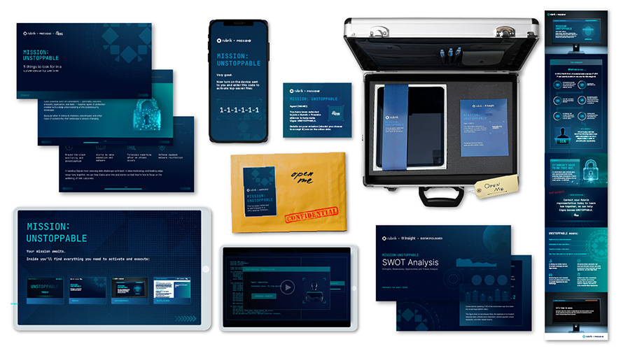 B2B direct mail marketing collage; mission impossible style visuals, spy briefcase with B2B marketing materials, banners, social media