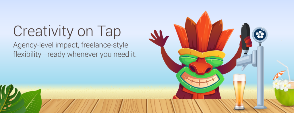 Header image that says "Creativity on tap" and has an image of a tiki using a beer tap that is branded like Mahalo Digital